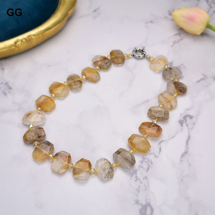 GuaiGuai Jewelry 19&quot; Natural Brazilian Golden Quartz Rectangle Necklace - LeisFita.com