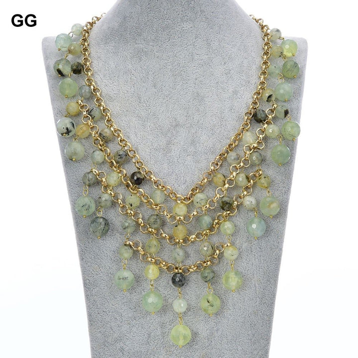 GuaiGuai Jewelry 19&quot; Natural Green Prehnite Gems stone Gold Color Plated Chain Necklace For Women - LeisFita.com