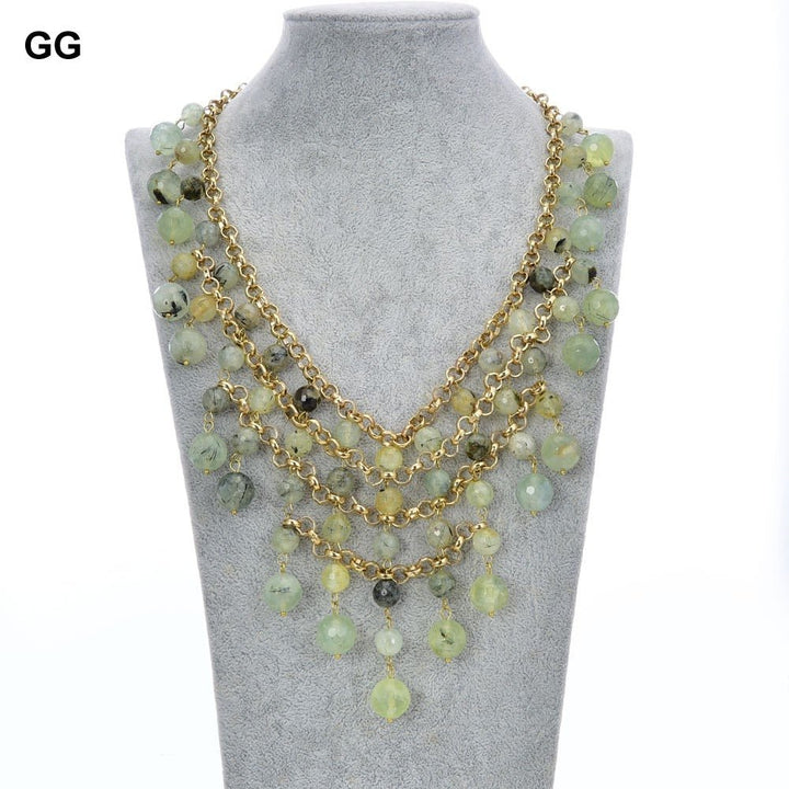 GuaiGuai Jewelry 19&quot; Natural Green Prehnite Gems stone Gold Color Plated Chain Necklace For Women - LeisFita.com