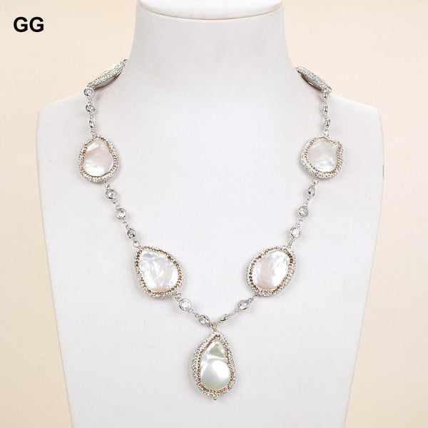 GuaiGuai Jewelry 19&quot; Natural White Keshi Coin Pearl CZ Pave Chain Pendant Necklace - LeisFita.com