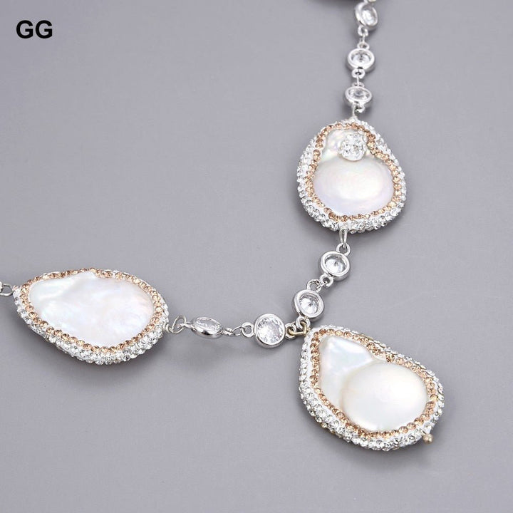 GuaiGuai Jewelry 19&quot; Natural White Keshi Coin Pearl CZ Pave Chain Pendant Necklace - LeisFita.com