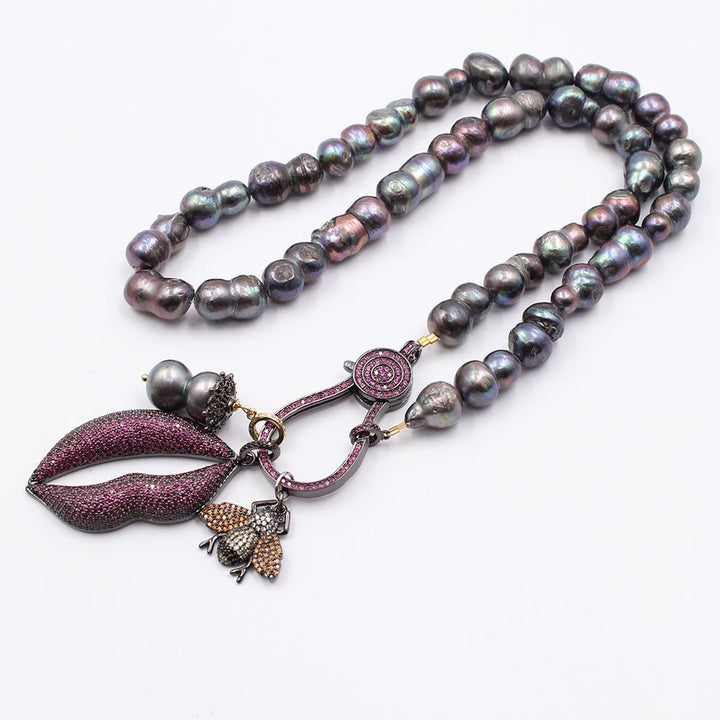 GuaiGuai Jewelry 2 Rows Natural Black Baroque Keshi Pearl Chain Necklace Purple CZ Pave Insect Lips Pendant Handmade For Women - LeisFita.com