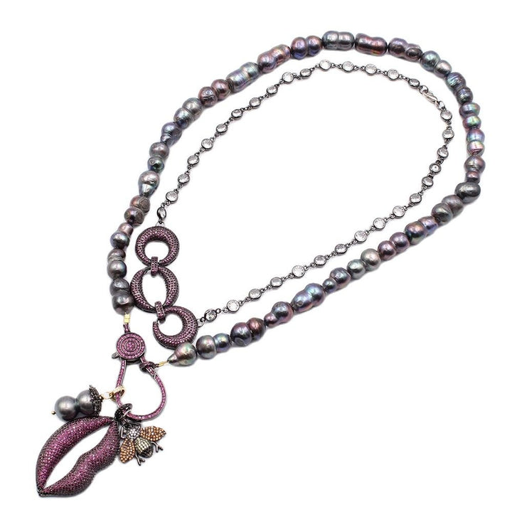 GuaiGuai Jewelry 2 Rows Natural Black Baroque Keshi Pearl Chain Necklace Purple CZ Pave Insect Lips Pendant Handmade For Women - LeisFita.com