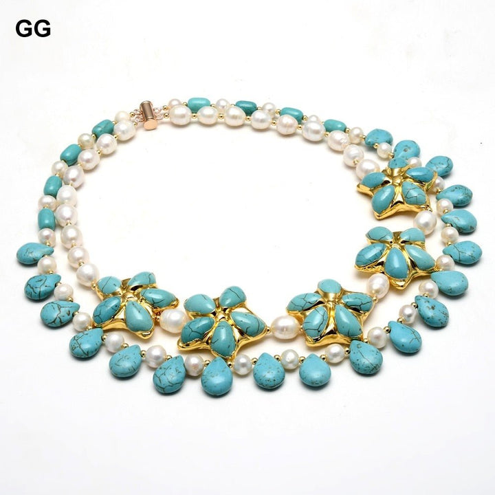 GuaiGuai Jewelry 2 Rows Natural Cultured White Rice Pearl Blue Turquoises Flower Necklace Handmade For Women - LeisFita.com