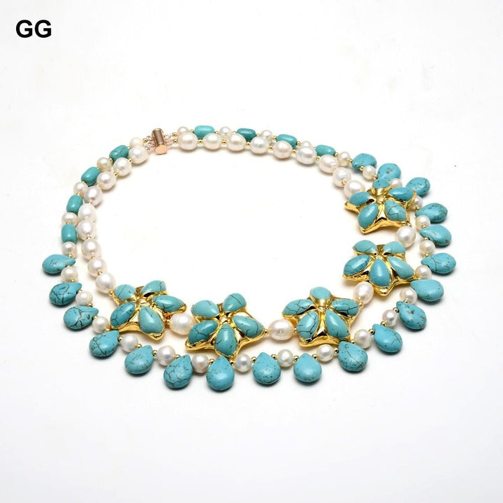 GuaiGuai Jewelry 2 Rows Natural Cultured White Rice Pearl Blue Turquoises Flower Necklace Handmade For Women - LeisFita.com