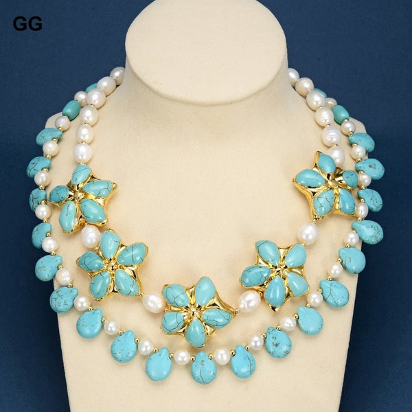 GuaiGuai Jewelry 2 Rows Natural Cultured White Rice Pearl Blue Turquoises Flower Necklace Handmade For Women - LeisFita.com