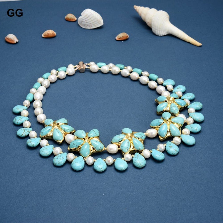 GuaiGuai Jewelry 2 Rows Natural Cultured White Rice Pearl Blue Turquoises Flower Necklace Handmade For Women - LeisFita.com