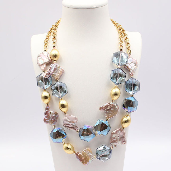 GuaiGuai Jewelry 2 Rows Natural Purple Lavender Keshi Pearl Faceted Blue Crystal Necklace Handmade For Women - LeisFita.com