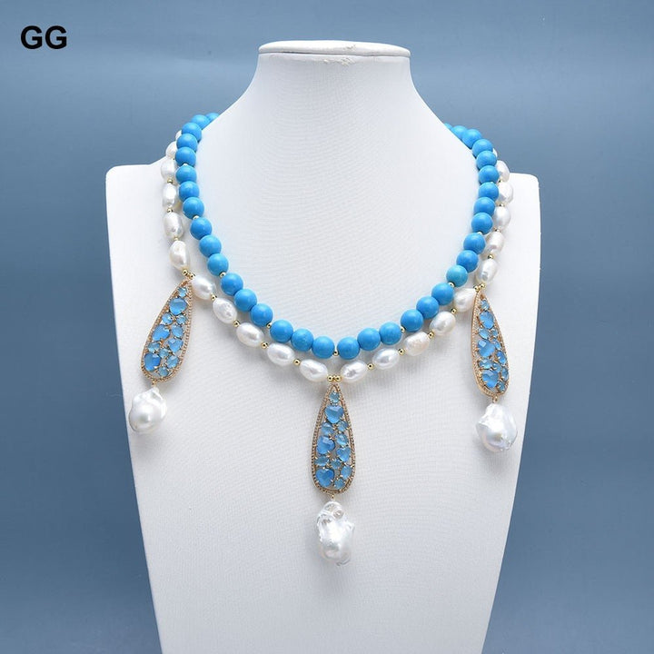 GuaiGuai Jewelry 2 Rows Natural White Pearl Blue Turquoises Necklace Baroque Pearl Blue Cat eye Pendant Handmade For Women - LeisFita.com