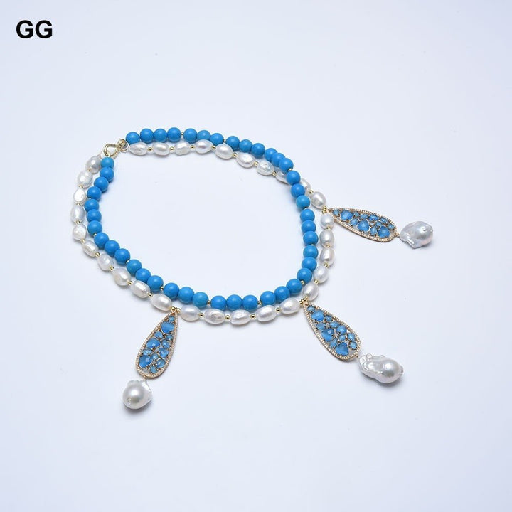 GuaiGuai Jewelry 2 Rows Natural White Pearl Blue Turquoises Necklace Baroque Pearl Blue Cat eye Pendant Handmade For Women - LeisFita.com