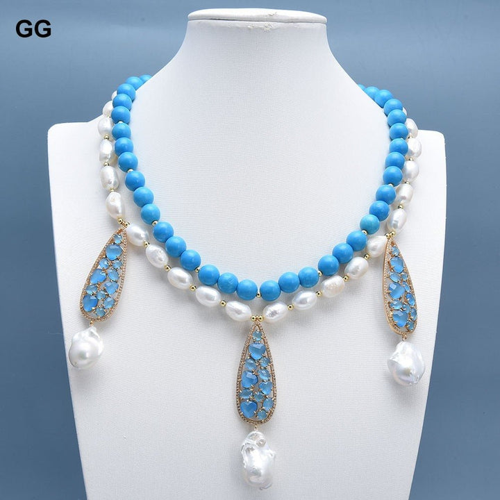 GuaiGuai Jewelry 2 Rows Natural White Pearl Blue Turquoises Necklace Baroque Pearl Blue Cat eye Pendant Handmade For Women - LeisFita.com