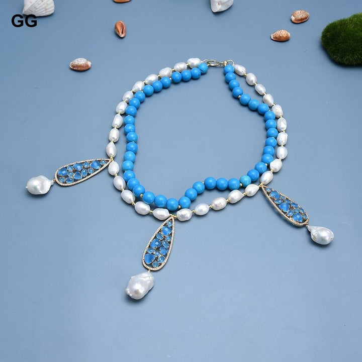 GuaiGuai Jewelry 2 Rows Natural White Pearl Blue Turquoises Necklace Baroque Pearl Blue Cat eye Pendant Handmade For Women - LeisFita.com