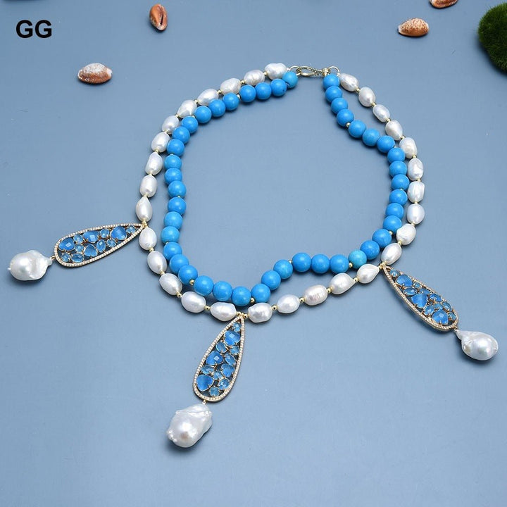 GuaiGuai Jewelry 2 Rows Natural White Pearl Blue Turquoises Necklace Baroque Pearl Blue Cat eye Pendant Handmade For Women - LeisFita.com