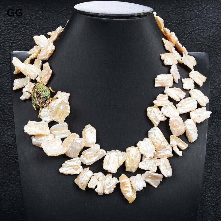 GuaiGuai Jewelry 2 Rows Pink Top-drilled Keshi Baroque Pearl Necklace CZ Pave Insect Pendant For Women Jewelry - LeisFita.com