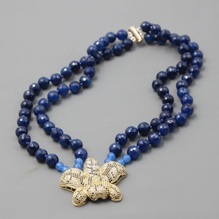 GuaiGuai Jewelry 2 Rows Round Faceted Blue Agates Necklace CZ Flower Pendant Handmade For Lady - LeisFita.com