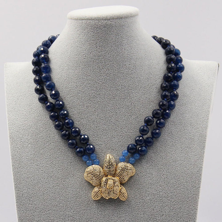 GuaiGuai Jewelry 2 Rows Round Faceted Blue Agates Necklace CZ Flower Pendant Handmade For Lady - LeisFita.com