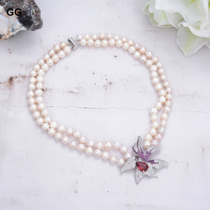 GuaiGuai Jewelry 2 Strands 8-9mm Natural White Pearl Necklace Red CZ Flower Pendant - LeisFita.com