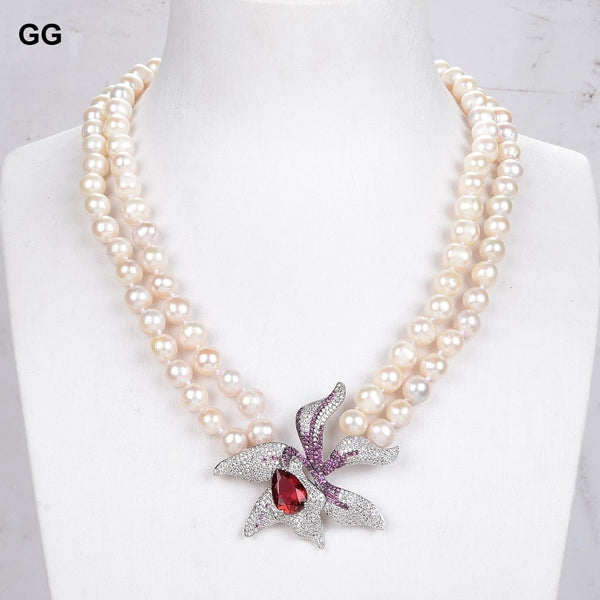 GuaiGuai Jewelry 2 Strands 8-9mm Natural White Pearl Necklace Red CZ Flower Pendant - LeisFita.com