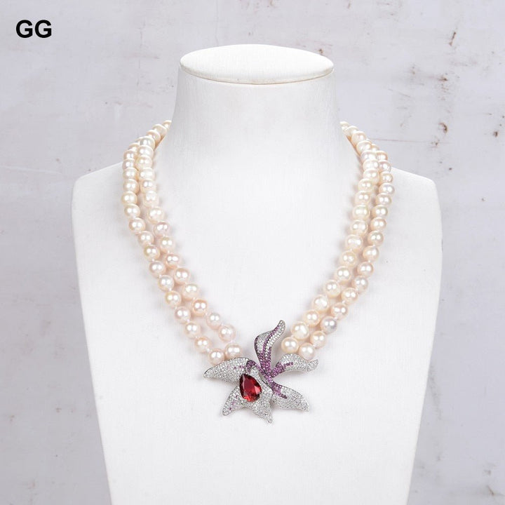 GuaiGuai Jewelry 2 Strands 8-9mm Natural White Pearl Necklace Red CZ Flower Pendant - LeisFita.com