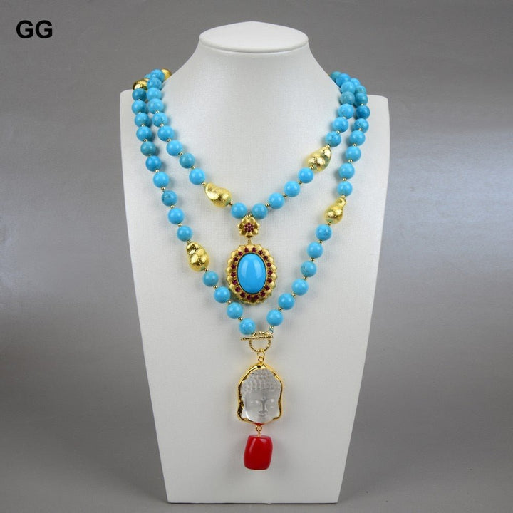 GuaiGuai Jewelry 2 Strands Blue Turquoises Necklace Keshi Pearl Clear Quartzs Buddha Head Pendant Necklace 20&quot; Religious Style - LeisFita.com