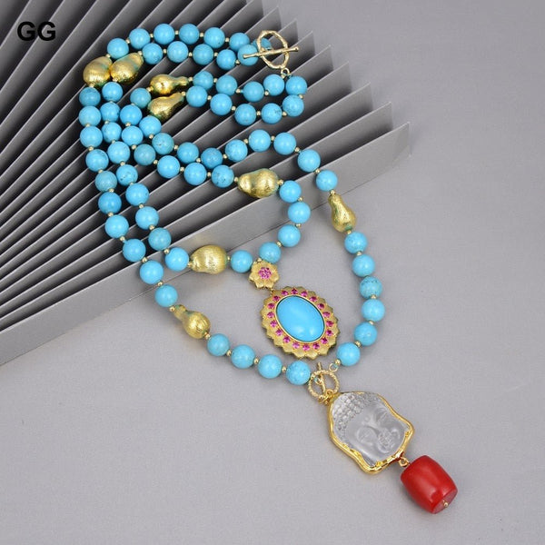 GuaiGuai Jewelry 2 Strands Blue Turquoises Necklace Keshi Pearl Clear Quartzs Buddha Head Pendant Necklace 20&quot; Religious Style - LeisFita.com