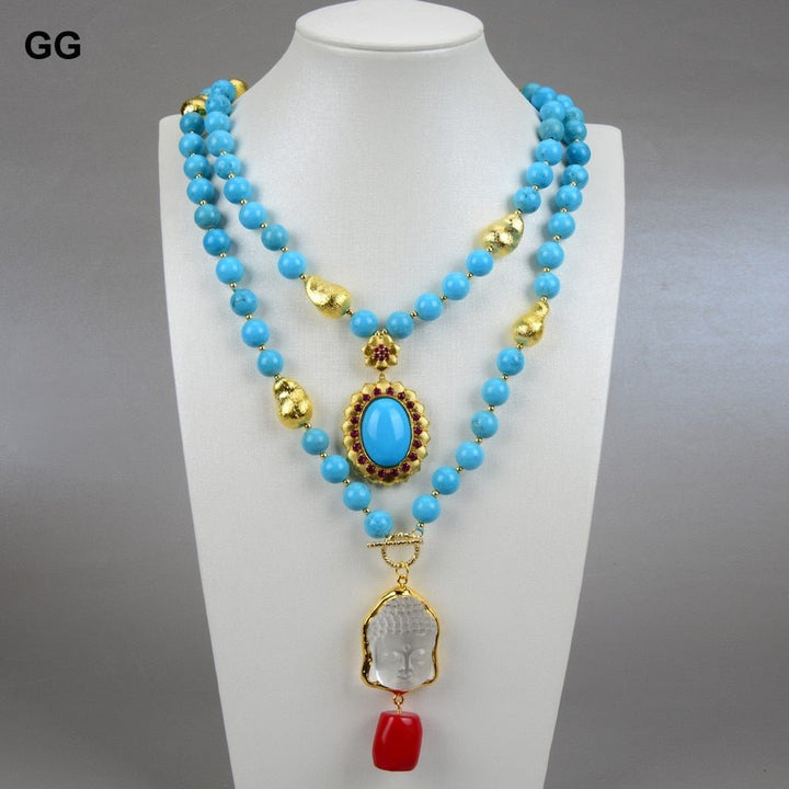 GuaiGuai Jewelry 2 Strands Blue Turquoises Necklace Keshi Pearl Clear Quartzs Buddha Head Pendant Necklace 20&quot; Religious Style - LeisFita.com