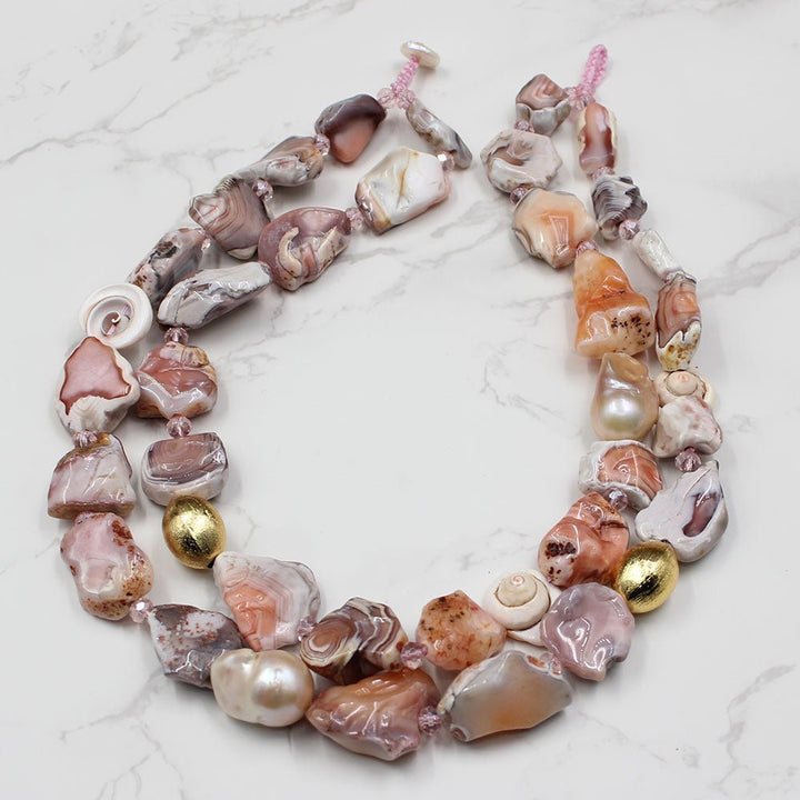 GuaiGuai Jewelry 2 Strands Rare Pink Botswana Agate Freeform Nugget Freshwater Pink Keshi Pearl Necklace - LeisFita.com