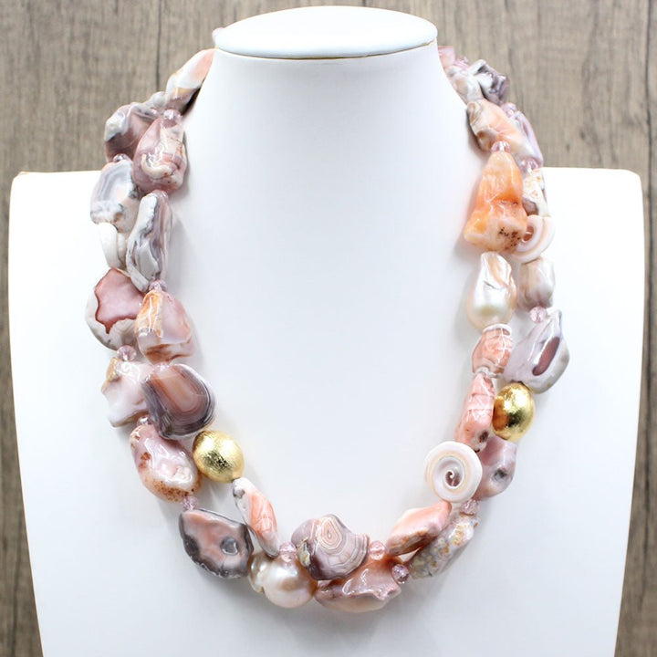 GuaiGuai Jewelry 2 Strands Rare Pink Botswana Agate Freeform Nugget Freshwater Pink Keshi Pearl Necklace - LeisFita.com