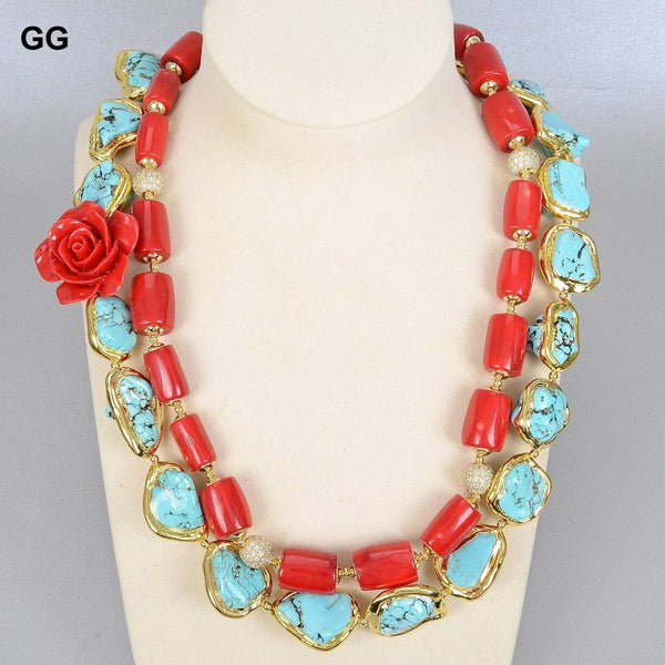GuaiGuai Jewelry 2 Strands Red Corals Green Turquoises Flower Necklace Cubic Zirconia Pave Clasp 21&quot; For Women - LeisFita.com