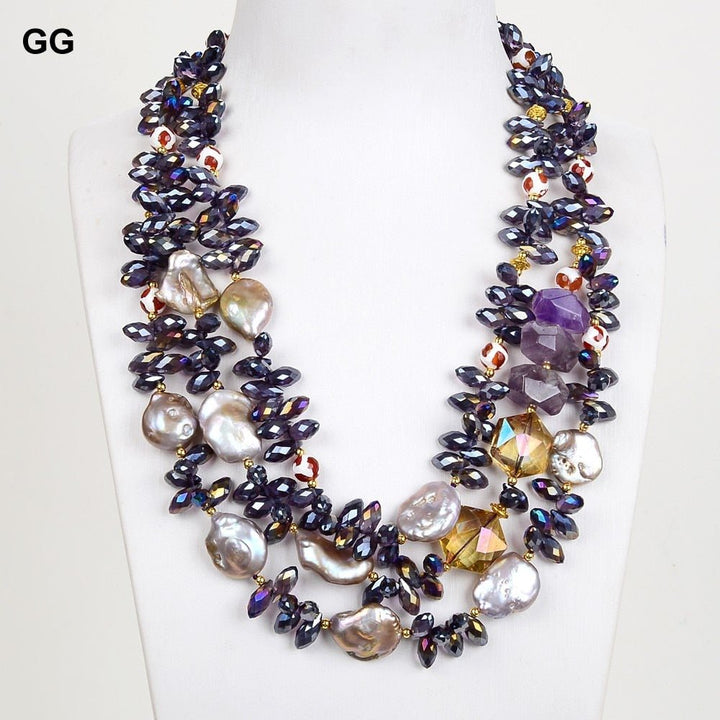 GuaiGuai Jewelry 20&#39; 3 Rows Purple Keshi Pearl Purple Amethysts Crystal Agates Necklace For Women - LeisFita.com