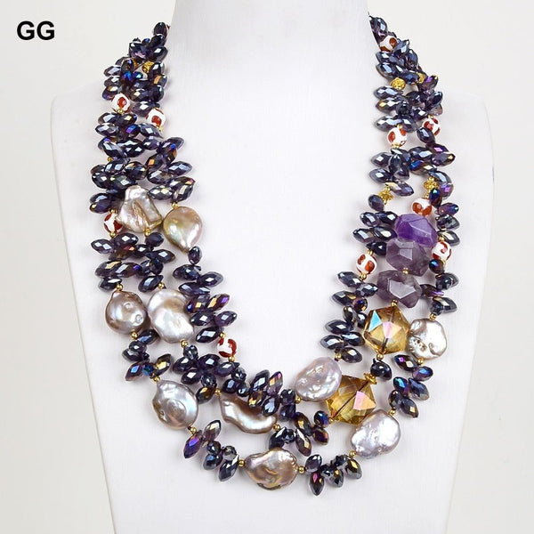 GuaiGuai Jewelry 20&#39; 3 Rows Purple Keshi Pearl Purple Amethysts Crystal Agates Necklace For Women - LeisFita.com