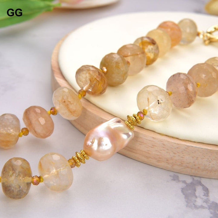 GuaiGuai Jewelry 20&#39;&#39; 13x18mm Brazilian Golden Quartz Rondelle Pink Keshi Pearl Necklace - LeisFita.com