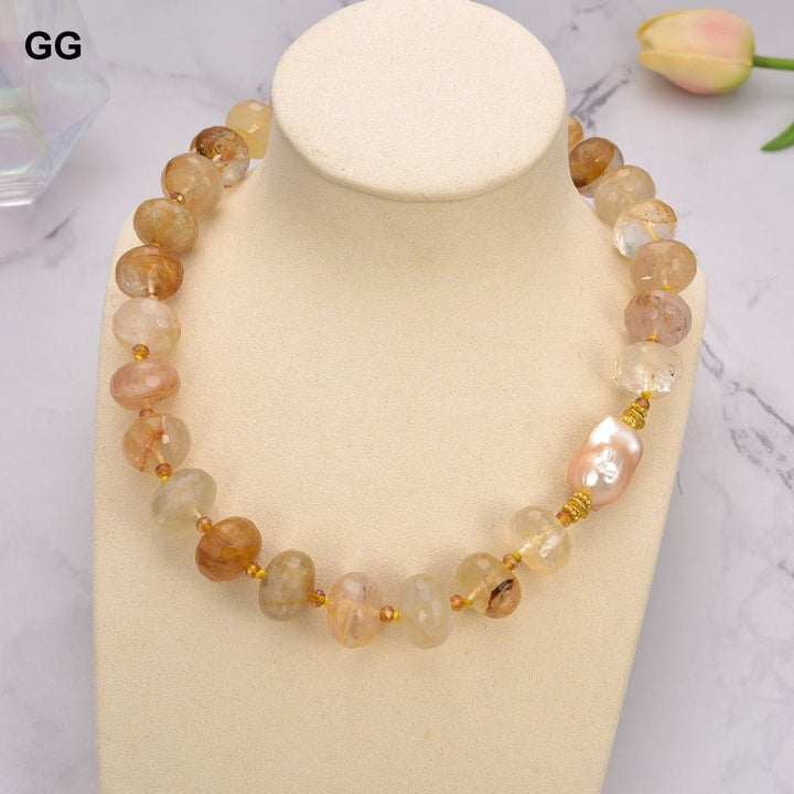 GuaiGuai Jewelry 20&#39;&#39; 13x18mm Brazilian Golden Quartz Rondelle Pink Keshi Pearl Necklace - LeisFita.com