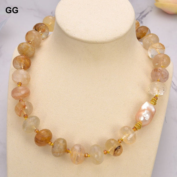 GuaiGuai Jewelry 20&#39;&#39; 13x18mm Brazilian Golden Quartz Rondelle Pink Keshi Pearl Necklace - LeisFita.com