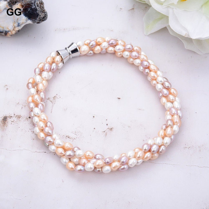 GuaiGuai Jewelry 20&#39;&#39; 4 Strands 9-10MM Multi Color Rice Pink White Purple Pearl Necklace For Women - LeisFita.com