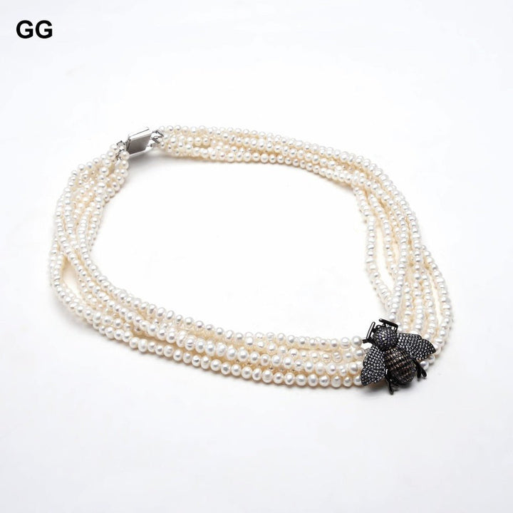 GuaiGuai Jewelry 20&#39;&#39; 6 Rows Natural Freshwater White Pearl Necklace Insect Bee CZ Pave Pendant Classic For Women - LeisFita.com