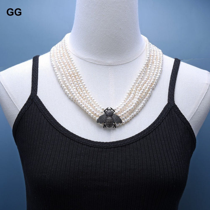 GuaiGuai Jewelry 20&#39;&#39; 6 Rows Natural Freshwater White Pearl Necklace Insect Bee CZ Pave Pendant Classic For Women - LeisFita.com