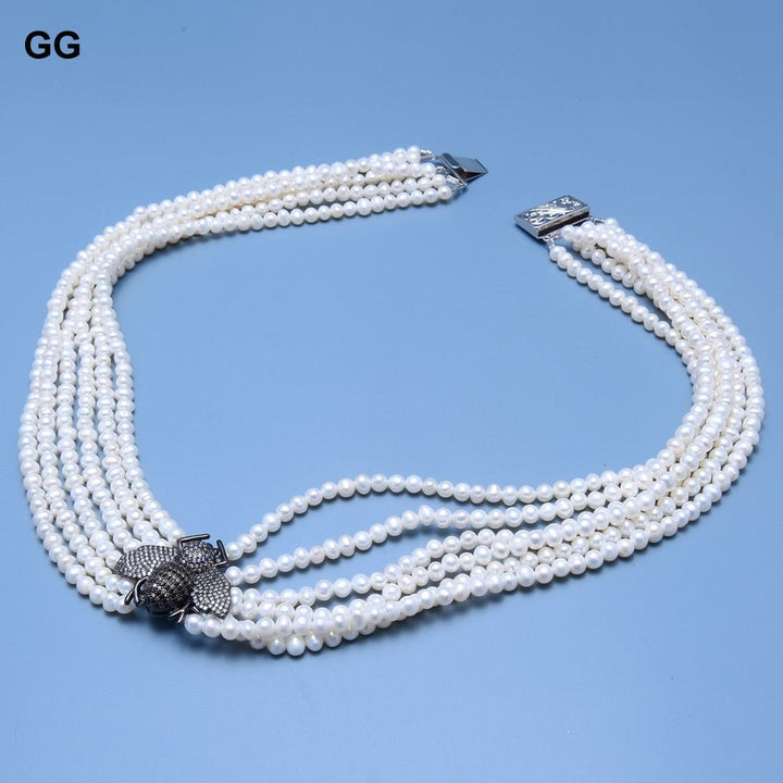 GuaiGuai Jewelry 20&#39;&#39; 6 Rows Natural Freshwater White Pearl Necklace Insect Bee CZ Pave Pendant Classic For Women - LeisFita.com