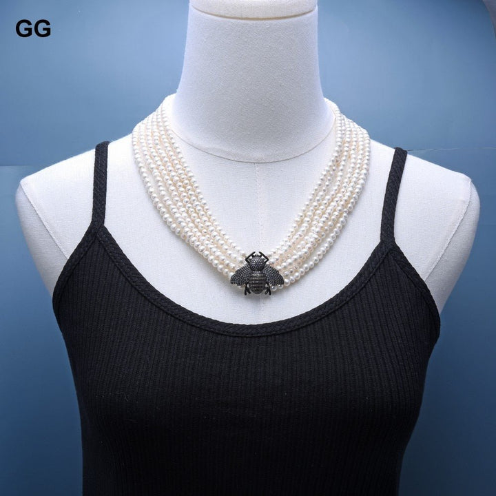 GuaiGuai Jewelry 20&#39;&#39; 6 Rows Natural Freshwater White Pearl Necklace Insect Bee CZ Pave Pendant Classic For Women - LeisFita.com