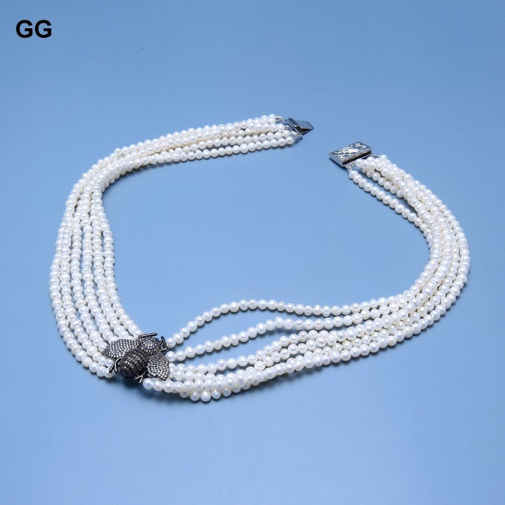 GuaiGuai Jewelry 20&#39;&#39; 6 Rows Natural Freshwater White Pearl Necklace Insect Bee CZ Pave Pendant Classic For Women - LeisFita.com