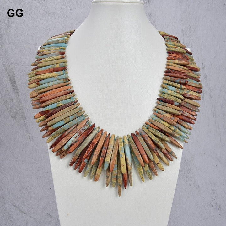 GuaiGuai Jewelry 20&quot; 2 Rows Blue Sea Sediment Jasper Top drilled Stick Necklace - LeisFita.com