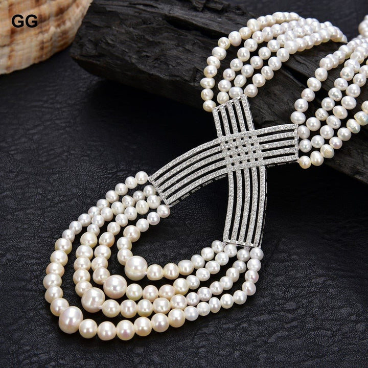 GuaiGuai Jewelry 20&quot;-22&quot; 4 Strands White Round Pearl Necklace CZ Pendant - LeisFita.com