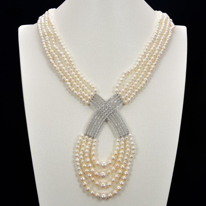 GuaiGuai Jewelry 20&quot;-22&quot; 4 Strands White Round Pearl Necklace CZ Pendant - LeisFita.com