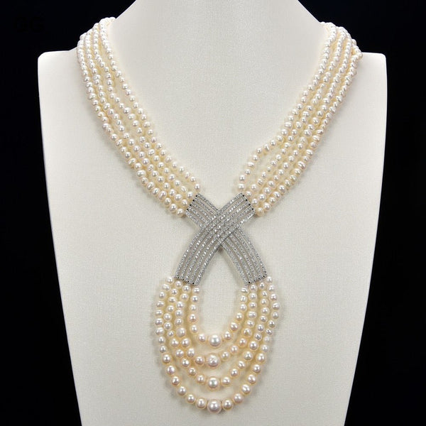 GuaiGuai Jewelry 20&quot;-22&quot; 4 Strands White Round Pearl Necklace CZ Pendant - LeisFita.com