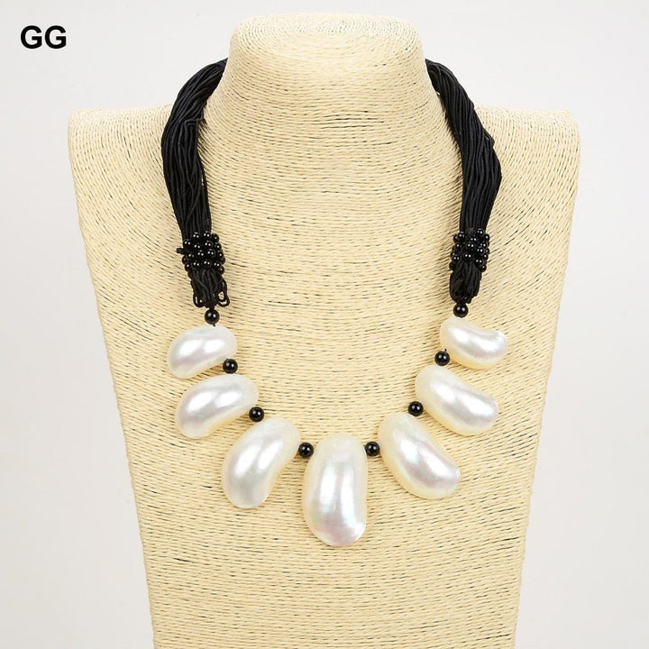 GuaiGuai Jewelry 20&quot; 22x37MM White Shell Black Onyx Necklace - LeisFita.com