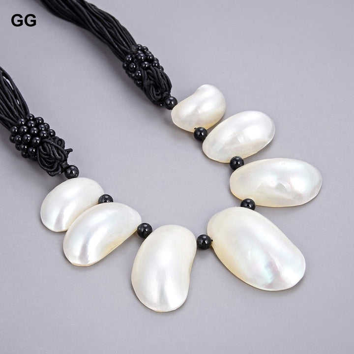 GuaiGuai Jewelry 20&quot; 22x37MM White Shell Black Onyx Necklace - LeisFita.com