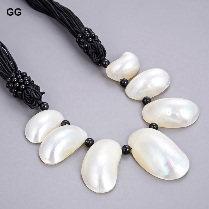 GuaiGuai Jewelry 20&quot; 22x37MM White Shell Black Onyx Necklace - LeisFita.com