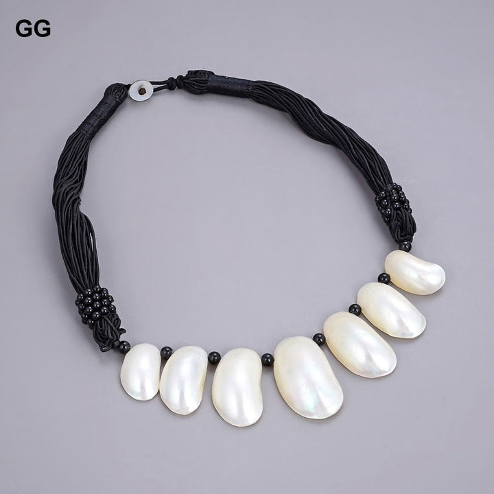 GuaiGuai Jewelry 20&quot; 22x37MM White Shell Black Onyx Necklace - LeisFita.com