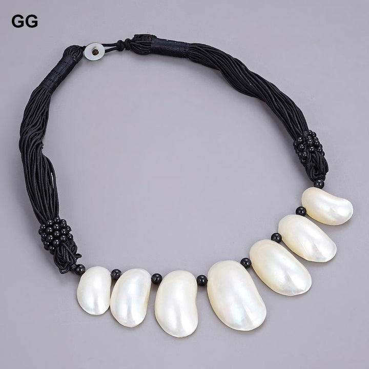 GuaiGuai Jewelry 20&quot; 22x37MM White Shell Black Onyx Necklace - LeisFita.com