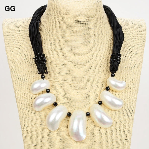 GuaiGuai Jewelry 20&quot; 22x37MM White Shell Black Onyx Necklace - LeisFita.com